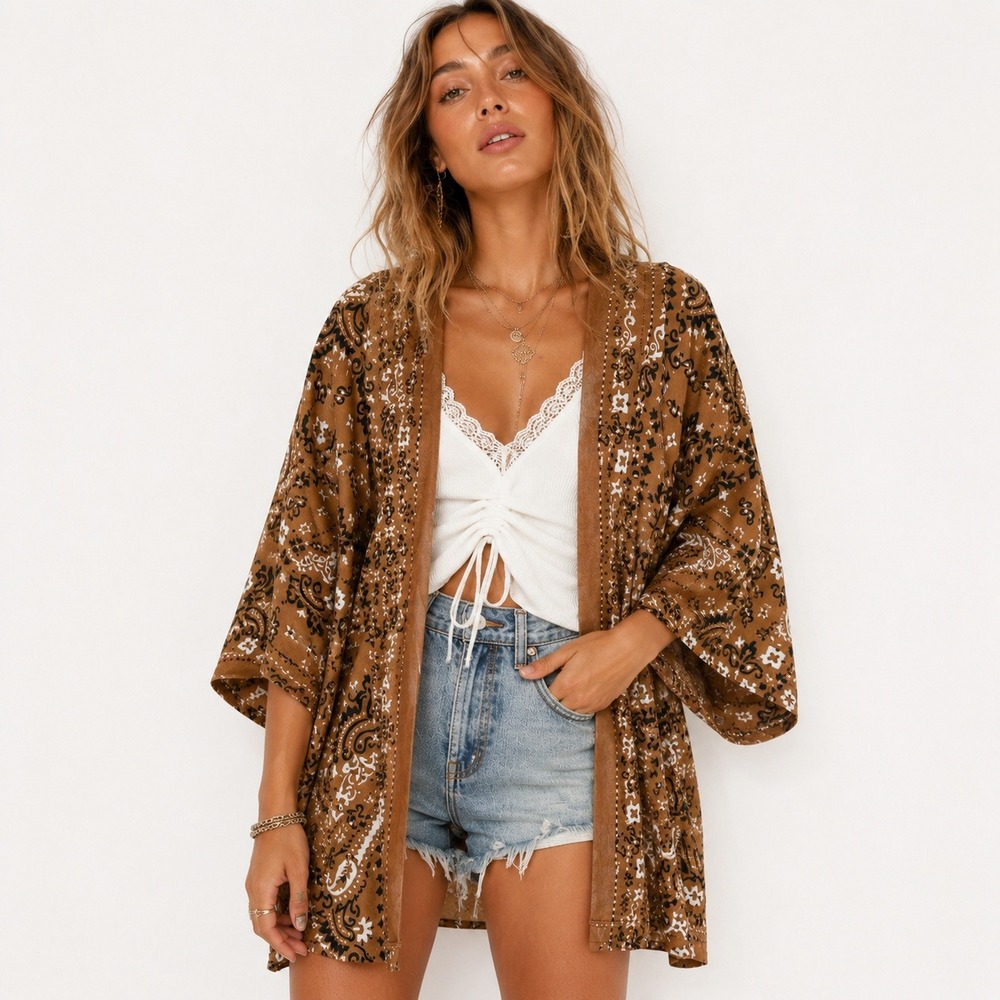 Kylie Paige Brown Bandana Paisley Kimono Cardigan Open Front‎ Boho Wrap SM USA